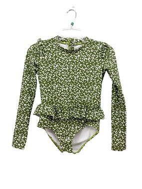 Ruffle Girl Long-Sleeve Ruffle One-Piece Rashguard Swimsuit in Olive Leopard